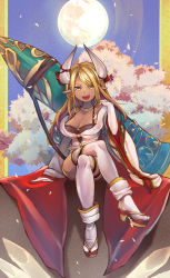 Rule 34 | 1girl, :d, blonde hair, breasts, brown eyes, cleavage, crossed legs, dark-skinned female, dark skin, draph, elbow gloves, gloves, granblue fantasy, horns, kumbhira (granblue fantasy), large breasts, long hair, looking at viewer, moon, napoli-tan (deuil), night, night sky, open mouth, outdoors, pointy ears, sitting, sky, smile, solo, thighhighs, white gloves, white thighhighs, wide sleeves