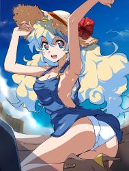 Rule 34 | + +, 1girl, absurdres, ass, blue eyes, blue hair, blue overalls, blue sky, blush, boots, breasts, cleavage, cross-shaped pupils, day, flower, from behind, hat, hat flower, high heel boots, high heels, highres, long hair, looking at viewer, looking back, medium breasts, multicolored hair, nia teppelin, no bra, open mouth, outdoors, overalls, panties, shiny skin, sideboob, sky, smile, solo, straw hat, sun hat, suspenders, symbol-shaped pupils, teeth, tengen toppa gurren lagann, tokiani, two-tone hair, underwear, white panties