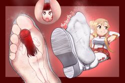 Rule 34 | asuna (sao), dirty, dirty feet, drawmarinette, feet, foot focus, giant, giantess, highres, licking, licking foot, original, red skirt, size difference, skirt, socks, tagme, white socks