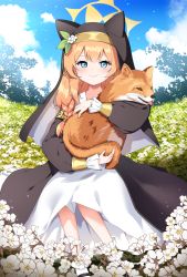 Rule 34 | 1girl, animal, animal ear headwear, ankle socks, black sleeves, blue archive, blue eyes, blush, braid, closed mouth, commentary, dress, fake animal ears, floral background, flower, forehead, fox, full body, gloves, hair between eyes, halo, highres, holding, holding animal, ine (ineinnen), long dress, long hair, long sleeves, mari (blue archive), mary janes, nun, orange hair, outdoors, puffy long sleeves, puffy sleeves, shadow, shoes, sitting, smile, socks, solo, tree, veil, white gloves