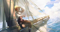 Rule 34 | 1boy, aged down, black footwear, blue sky, cloud, day, dywx poison, hand on headwear, hat, highres, male focus, mast, ocean, one piece, outdoors, red hair, rope, sail, shanks (one piece), shirt, sitting, sky, smile, solo, straw hat, white shirt