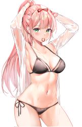 Rule 34 | 1girl, animal ears, armpits, arms behind head, bikini, black bikini, blush, breasts, commentary request, commission, green eyes, hair ribbon, hair tie in mouth, highres, lillly, long hair, looking at viewer, medium breasts, mouth hold, navel, original, pink hair, ponytail, red ribbon, ribbon, shirt, side-tie bikini bottom, sidelocks, solo, standing, stomach, string bikini, swimsuit, tying hair, wet, wet clothes, wet shirt