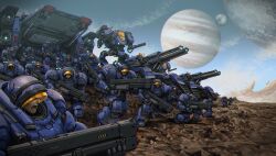Rule 34 | 6+boys, aiming, armor, blue sky, caterpillar tracks, charging forward, cho yonghee, cloud, commentary, day, desert, english commentary, facial hair, gatling gun, goliath (starcraft), gun, highres, holding, holding gun, holding weapon, marine (starcraft), mecha, military, military vehicle, missile pod, moon, motor vehicle, multiple boys, on one knee, open mouth, outdoors, planet, power armor, robot, science fiction, shouting, siege tank (starcraft), sky, soldier, space marine, starcraft, stubble, tank, walker (robot), weapon