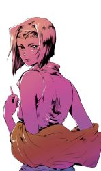 Rule 34 | 1990s (style), 1girl, back, bare shoulders, bob cut, cigarette, cowboy bebop, edolove, faye valentine, from behind, hairband, looking back, monochrome, off shoulder, purple theme, short hair, smoking, solo