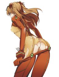 Rule 34 | 1girl, anus, ass, back, blue eyes, bodysuit, breasts, covered erect nipples, from behind, image sample, long hair, looking back, mebae, multicolored clothes, neon genesis evangelion, orange hair, plugsuit, pussy, rebuild of evangelion, see-through, simple background, small breasts, solo, souryuu asuka langley, test plugsuit, torn clothes, twintails, uncensored