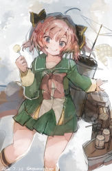 Rule 34 | 1girl, :q, ahoge, blue eyes, blush, bow, bowtie, brown hair, candy, dated, food, green jacket, green skirt, hachijou (kancolle), hair ribbon, highres, holding, holding candy, holding food, holding lollipop, jacket, kantai collection, lollipop, long sleeves, nagasawa tougo, pleated skirt, red bow, red bowtie, ribbon, rigging, school uniform, short hair, skirt, smile, solo, tongue, tongue out, twitter username
