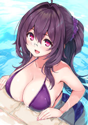 Rule 34 | 1girl, :d, bare arms, bare shoulders, bikini, breast rest, breasts, cleavage, collarbone, commentary request, cu-no, fingernails, from above, glasses, hair between eyes, hair ornament, hair scrunchie, halterneck, hisen kaede, kokonoe tamaki, large breasts, long hair, looking at viewer, nail polish, open mouth, partially submerged, pince-nez, pink nails, ponytail, pool, purple bikini, purple hair, red eyes, scrunchie, sidelocks, smile, solo, string bikini, swimsuit, water
