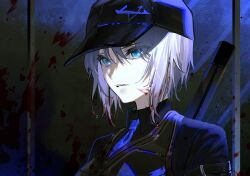 Rule 34 | 1girl, baseball cap, black hat, black shirt, black vest, blood, blood in hair, blood on clothes, blood on face, blue eyes, blue necktie, closed mouth, collared shirt, faust (project moon), gapamopa, hat, highres, limbus company, looking to the side, medium hair, necktie, project moon, shirt, solo, upper body, vest, white hair