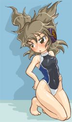 Rule 34 | 1girl, brown eyes, brown hair, competition swimsuit, earmuffs, female focus, kneeling, long hair, one-piece swimsuit, pointy hair, solo, swimsuit, touhou, toyosatomimi no miko, turtleneck, winn