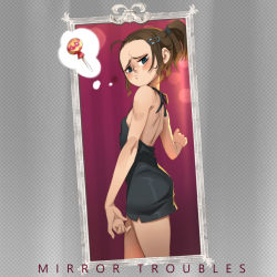 Rule 34 | 1girl, ahoge, ass, back, backless dress, backless outfit, black dress, blue eyes, blush, breasts, brown hair, candy, commentary, dress, english commentary, female pov, food, forehead, hair ornament, hairclip, lollipop, looking at mirror, mirror, no bra, original, ponytail, pov, sad, short dress, short ponytail, small breasts, solo, spaghetti strap, standing, strap gap, thought bubble, weight conscious, xaxaxa