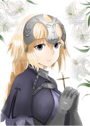 Rule 34 | armor, blue eyes, braid, character name, crossed arms, fate/apocrypha, fate/grand order, fate (series), flower, hair between eyes, headpiece, highres, jeanne d&#039;arc (fate), jeanne d&#039;arc (ruler) (fate), kureijii (ninecrazy27), lily (flower), long hair, smile, solo, upper body, white background
