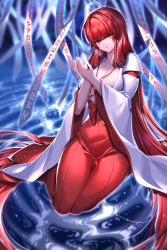 Rule 34 | 1girl, absurdly long hair, absurdres, ahoge, been, blurry, blurry background, breasts, cleavage, elesis (elsword), elsword, hair between eyes, hakama, hakama skirt, highres, japanese clothes, kimono, kneeling, large breasts, long hair, long sleeves, looking at viewer, looking to the side, miko, parted lips, red hair, red hakama, skirt, solo, very long hair, water surface, white kimono, wide sleeves, yellow eyes