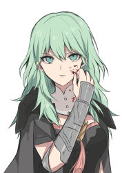Rule 34 | 1girl, absurdres, alternate hair color, arm guards, armor, armored dress, banned artist, between breasts, blood, blood on clothes, blood on face, blood stain, bodice, breasts, bustier, byleth (female) (fire emblem), byleth (fire emblem), cape, capelet, closed mouth, commentary request, corset, enlightened byleth (female), eyelashes, fire emblem, fire emblem: three houses, green eyes, green hair, grey cape, hair between eyes, hand up, highres, looking at viewer, medium breasts, medium hair, nintendo, red tassel, shimizu akina, short sleeves, shoulder armor, simple background, solo, tassel, turtleneck, underbust, upper body, vambraces, white background