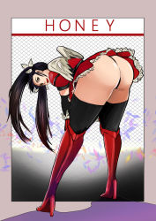 Rule 34 | 1girl, ass, bent over, black hair, black legwear, black panties, boots, brown eyes, character name, eyebrows, fighting vipers, hayame (m ayame), high heel boots, high heels, highres, honey (fighting vipers), knee boots, lipstick, long hair, looking at viewer, makeup, mini wings, out of frame, outside border, panties, puffy short sleeves, puffy sleeves, red footwear, shoes, short sleeves, solo, thick thighs, thighs, twintails, underwear, upskirt, wings