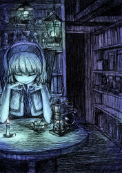 Rule 34 | 1girl, alice margatroid, bad id, bad pixiv id, book, bookshelf, candle, closed eyes, coffee maker, commentary request, cup, doll, female focus, hairband, head rest, highres, indoors, interior, lantern, monochrome, sitting, sketch, smile, solo, spoon, table, taguchi kirei, teacup, touhou, upper body