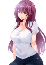 Rule 34 | 1girl, alternate costume, blue pants, breasts, casual, closed mouth, commentary request, covered erect nipples, covered navel, denim, engo (aquawatery), fate/grand order, fate (series), hair between eyes, highres, jeans, large breasts, long hair, pants, purple hair, red eyes, scathach (fate), shirt, short sleeves, simple background, smile, solo, t-shirt, very long hair, white background, white shirt