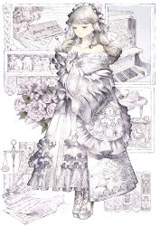 Rule 34 | 1girl, absurdres, baiguiyu, balance scale, blonde hair, book, bouquet, candle, clock, closed mouth, dress, earrings, embroidery, eyelashes, flower, frilled dress, frills, full body, hair ribbon, high heels, highres, instrument, jewelry, letter, long hair, long sleeves, off-shoulder dress, off shoulder, original, paper, partially colored, piano, pink flower, quill, ribbon, simple background, solo, standing, veil, weighing scale, white background, white dress, white flower, white footwear, white theme, wide sleeves