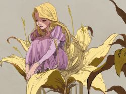 Rule 34 | 1girl, beige background, blonde hair, closed eyes, dress, facing viewer, flower, full body, grey background, highres, hugging own legs, juliet sleeves, knees to chest, lips, long hair, long sleeves, masso, on flower, oversized flower, puffy sleeves, purple dress, purple lips, rapunzel (disney), serious, shade, simple background, sitting, solo, striped, striped sleeves, tangled, thick lips, vertical stripes, very long hair, yellow flower