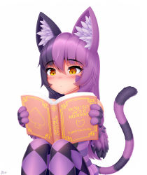 Rule 34 | 1girl, absurdres, animal ear fluff, animal ears, animal hands, argyle, argyle clothes, argyle legwear, artist name, blush, book, cat ears, cat girl, cat tail, cheshire cat (monster girl encyclopedia), commentary, derivative work, english text, hair between eyes, highres, holding, holding book, long hair, monster girl encyclopedia, multicolored hair, open book, orange eyes, purple hair, reading, simple background, sitting, solo, striped tail, symbol-only commentary, tail, two-tone hair, white background, wlper