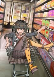 Rule 34 | 1boy, absurdres, black hair, black pants, blue coat, box, cereal box, coat, crossed legs, drop earrings, dutch angle, earrings, feet up, food, full body, highres, in shopping cart, indoors, jewelry, kome non, looking at viewer, male focus, mashiro meme, mashiro meme (1st costume), nijisanji, open clothes, open coat, open mouth, orange pantyhose, pants, pantyhose, red nails, red scarf, scarf, shelf, shirt, shopping cart, short hair, short sleeves, sitting, smile, solo, strappy heels, supermarket, suspenders, two side up, virtual youtuber, white shirt, yellow eyes