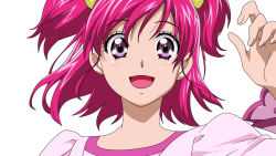 Rule 34 | 1girl, :d, anime coloring, blush, damascus (dearigazu2001), floating hair, hair between eyes, hair ornament, highres, long sleeves, looking at viewer, open mouth, pink shirt, portrait, precure, purple eyes, red hair, shirt, short hair, simple background, smile, solo, two side up, white background, yes! precure 5, yumehara nozomi