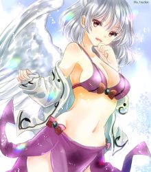 Rule 34 | 1girl, adapted costume, bikini, breasts, cleavage, cowboy shot, feathered wings, grey hair, hajike akira, highres, jacket, kishin sagume, large breasts, long sleeves, navel, one-hour drawing challenge, open clothes, open jacket, open mouth, purple bikini, purple sarong, red eyes, sarong, short hair, single wing, solo, swimsuit, touhou, twitter username, white jacket, white wings, wings