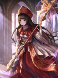 Rule 34 | 1girl, absurdres, arch, bad id, bad pixiv id, black hair, dress, gya (144), highres, holding, holding staff, indoors, long hair, looking at viewer, original, red dress, red eyes, solo, staff, wide sleeves