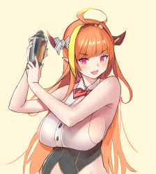 Rule 34 | 1girl, absurdres, ahoge, alternate costume, bad id, bad pixiv id, bare shoulders, bartender, blonde hair, bottomless, bow, bowtie, breasts, brown hairband, cocktail shaker, dh-zone, dragon horns, fang, hairband, highres, hololive, horn bow, horn ornament, horns, kiryu coco, large breasts, long hair, looking at viewer, multicolored hair, orange hair, pointy ears, purple eyes, red bow, sideboob, simple background, solo, streaked hair, upper body, v-shaped eyebrows, very long hair, virtual youtuber
