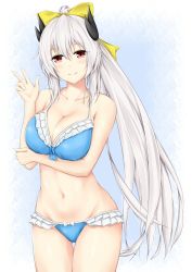 Rule 34 | 1girl, absurdres, bikini, blue bikini, blush, bow, breasts, fate/grand order, fate (series), frilled bikini, frills, grey hair, hair between eyes, hair bow, highres, horns, kiyohime (fate), kiyohime (fate/grand order), kiyohime (swimsuit lancer) (fate), kiyohime (swimsuit lancer) (third ascension) (fate), large breasts, long hair, looking at viewer, navel, pixiv fate/grand order contest 2, ponytail, red eyes, smile, solo, swimsuit, v, very long hair, yellow bow, yuyusuika