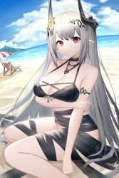 Rule 34 | 1girl, absurdres, arknights, arm under breasts, armlet, bare shoulders, beach, beach umbrella, bikini, bikini top only, black bikini, black choker, black ribbon, blue sky, bottomless, breasts, choker, cleavage, closed mouth, collarbone, day, er san si, feet out of frame, fisheye, flower, grey hair, hair flower, hair ornament, highres, horizon, horns, jewelry, large breasts, long hair, looking at viewer, mudrock (arknights), navel, necklace, ocean, on ground, outdoors, red eyes, ribbon, see-through, sitting, sky, smile, solo, swimsuit, umbrella, very long hair, water, yellow flower