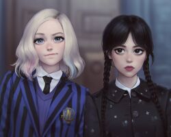 Rule 34 | 2girls, addams family, black eyes, black hair, black jacket, black necktie, blonde hair, blue jacket, blue vest, blurry, blurry background, braid, buttons, enid sinclair, expressionless, freckles, highres, jacket, long hair, long sleeves, looking at viewer, medium hair, multicolored hair, multiple girls, necktie, parted bangs, smile, striped clothes, striped jacket, twin braids, two-tone hair, umigraphics, vest, wednesday (netflix), wednesday addams