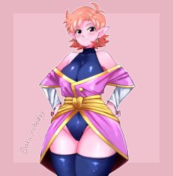 Rule 34 | 1girl, aka nobodyy, black thighhighs, chronoa, colored skin, dragon ball, dragonball z, earrings, hands on own hips, highres, jewelry, leotard, long ears, pink background, pink skin, pointy ears, prototype design, red hair, robe, simple background, supreme kai of time, thighhighs