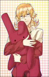 Rule 34 | 10s, 1boy, bad id, bad pixiv id, barnaby brooks jr., blonde hair, blue eyes, glasses, glowing, gradient background, jacket, jewelry, male focus, necklace, red jacket, solo, stuffed animal, stuffed rabbit, stuffed toy, tiger &amp; bunny, yantou828