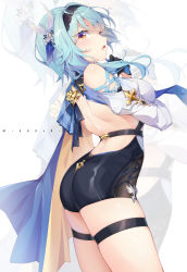 Rule 34 | 1girl, absurdres, akovo, aqua hair, ass, bare back, belt, black leotard, breasts, cape, commentary, crossed arms, eula (genshin impact), genshin impact, hair between eyes, hair ornament, hairband, highres, large breasts, leaning back, leotard, long hair, long sleeves, looking at viewer, necktie, parted lips, sidelocks, simple background, solo, yellow eyes, zoom layer