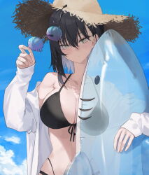 Rule 34 | 1girl, bikini, black bikini, black hair, blue sky, breasts, brown hat, cloud, collarbone, colored inner hair, commentary, day, fingernails, hair between eyes, hat, highres, holding, holding removed eyewear, inflatable shark, inflatable toy, large breasts, looking at viewer, mole, mole on breast, multicolored hair, navel, original, round eyewear, shirt, short hair, sky, solo, soya (torga), straw hat, sunglasses, swimsuit, symbol-only commentary, two-tone hair, unworn eyewear, upper body, white hair, white shirt, yellow eyes