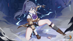 Rule 34 | 1girl, ascot, black hairband, brown footwear, brown gloves, chinese commentary, clenched hand, closed mouth, fu hua, fu hua (hawk of the fog), fu hua (valkyrie accipiter), gloves, hair between eyes, hairband, hand on floor, high ponytail, highres, honkai (series), honkai impact 3rd, indoors, kneeling, logo, long hair, monocle, official alternate costume, official art, official wallpaper, purple ascot, solo, sparks