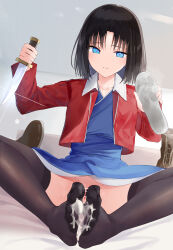 Rule 34 | 1girl, after footjob, bar censor, bed sheet, black hair, black thighhighs, blue eyes, blue kimono, blush, boots, unworn boots, brown footwear, censored, collarbone, commission, feet, foot pussy, footjob, full body, highres, holding, indoors, jacket, japanese clothes, kara no kyoukai, kimono, knees apart feet together, knife, kou futoshi, long sleeves, looking at viewer, medium hair, no panties, no shoes, parted bangs, parted lips, pixiv commission, pussy, red jacket, ryougi shiki, short kimono, sitting, smell, solo, spread toes, steaming body, thighhighs, thighs, toes, two-footed footjob