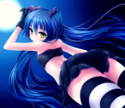 Rule 34 | 1girl, bare shoulders, black gloves, black skirt, blue hair, bow, dutch angle, full moon, gloves, hair bow, highres, innocent red, long hair, looking at viewer, looking back, moon, night, night sky, original, skirt, sky, sleeveless, solo, striped clothes, striped thighhighs, thighhighs, twintails, usami eru, watarui, yellow eyes
