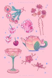 Rule 34 | artist name, cherry, commentary, crystal, dated, english commentary, flower, food, fruit, glass, hair ornament, hairpin, highres, ice, ice cube, leaf, no humans, object focus, original, pink background, pink flower, pink theme, shadow, snowlattes, star (symbol), teapot, teaspoon