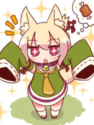 Rule 34 | + +, 1girl, :o, animal ear fluff, animal ears, arms up, blonde hair, blush, boned meat, brown collar, collar, detached sleeves, dress, food, fox ears, fox girl, fox tail, green dress, green sleeves, hair between eyes, hair bun, hair ornament, highres, kemomimi-chan (naga u), kneehighs, long hair, long sleeves, looking at viewer, meat, naga u, orange neckwear, original, outstretched arms, parted lips, red eyes, red footwear, ribbon-trimmed sleeves, ribbon trim, sandals, sidelocks, simple background, single hair bun, sleeveless, sleeveless dress, sleeves past fingers, sleeves past wrists, socks, solo, sparkle, spoken food, standing, tail, thought bubble, white background, white socks, zouri