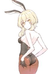 Rule 34 | 1girl, alternate costume, animal ears, ass support, black gloves, black leotard, blonde hair, breasts, brown pantyhose, closed mouth, fake animal ears, fake tail, from behind, genshin impact, gloves, hair between eyes, head tilt, highres, leotard, looking at viewer, lumine (genshin impact), medium breasts, pantyhose, playboy bunny, rabbit ears, rabbit tail, sbs, short hair with long locks, simple background, solo, tail, yellow eyes