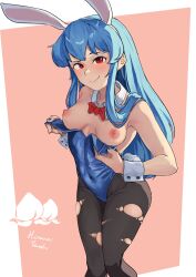 Rule 34 | 1girl, absurdres, animal ears, black pantyhose, blue hair, blue leotard, blue nails, bow, bowtie, breasts, character name, closed mouth, commentary, commission, covered navel, detached collar, english commentary, food, fruit, groin, highres, hinanawi tenshi, leotard, long hair, looking at viewer, medium breasts, nipples, pantyhose, peach, pink background, playboy bunny, rabbit ears, rabbit girl, rabbit tail, red bow, red bowtie, red eyes, shuchuu (sake bug), smile, solo, tail, torn clothes, torn pantyhose, touhou, wrist cuffs