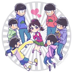 Rule 34 | 10s, 1girl, 6+boys, animal, arms behind back, barefoot sandals (jewelry), cat, circle, dramatica, esper nyanko, hands in pockets, headband, heart, hood, hoodie, looking at another, low twintails, matsuno choromatsu, matsuno ichimatsu, matsuno jyushimatsu, matsuno karamatsu, matsuno osomatsu, matsuno todomatsu, messy hair, multiple boys, osomatsu-kun, osomatsu-san, pants, pants rolled up, pink eyes, plaid, plaid skirt, round image, sandals, sextuplets, short twintails, skirt, sleeves rolled up, slippers, turtleneck, twintails, twitter username, yowai totoko