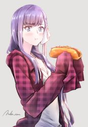 Rule 34 | 1girl, blue eyes, blush, breasts, coffeekite, contemporary, eating, fate/extra, fate/extra ccc, fate (series), hair ribbon, highres, hot dog, long hair, long sleeves, looking at viewer, meltryllis (fate), open clothes, open shirt, plaid, plaid shirt, puffy cheeks, purple hair, red shirt, ribbon, shirt, sleeves past fingers, sleeves past wrists, small breasts, very long hair, white ribbon, white shirt