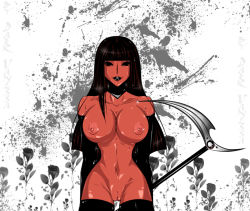 Rule 34 | 1girl, black eyes, black hair, black sclera, breasts, colored sclera, colored skin, darkvanessa, hime cut, large breasts, long hair, nipples, no pupils, nude, pussy, red skin, scythe, uncensored, weapon