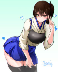 Rule 34 | 1girl, artist name, blue background, blue hakama, brown eyes, brown hair, commentary request, cowboy shot, gradient background, hakama, hakama short skirt, hakama skirt, japanese clothes, kaga (kancolle), kantai collection, leaning forward, long hair, looking at viewer, mani oniniku, muneate, side ponytail, skirt, solo, tasuki, thighhighs, v
