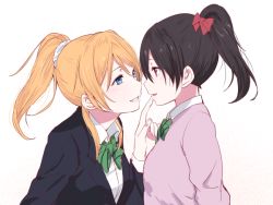 Rule 34 | 10s, 2girls, ayase eli, bad id, bad twitter id, blonde hair, blue eyes, bow, bowtie, eye contact, finger to another&#039;s mouth, jacket, long hair, looking at another, love live!, love live! school idol project, multiple girls, one side up, ponytail, scrunchie, sen&#039;yuu yuuji, simple background, smile, twintails, white background, yazawa nico, yuri