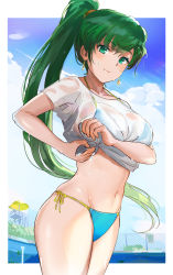 Rule 34 | 1girl, absurdres, bikini, blue sky, blush, breasts, closed mouth, cloud, cloudy sky, collarbone, commentary request, earrings, fire emblem, fire emblem: the blazing blade, green eyes, green hair, halterneck, highres, jewelry, lips, long hair, looking at viewer, lyn (fire emblem), medium breasts, navel, nintendo, no pants, ormille, ponytail, see-through, shiny skin, shirt, side-tie bikini bottom, sky, smile, solo, sparkle, stomach, string bikini, sweat, swimsuit, thighs, water, water drop, wet, wet clothes, wet shirt