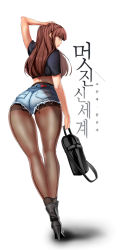 Rule 34 | 1girl, absurdres, ass, bag, blue shirt, boots, brown eyes, brown hair, carrying bag, commentary, denim, denim shorts, from behind, hand on own head, handbag, high heel boots, high heels, highres, hime cut, pantyhose under shorts, long hair, looking back, midriff, original, pantyhose, shirt, short shorts, short sleeves, shorts, simple background, thighs, translation request, white background, yoongonji