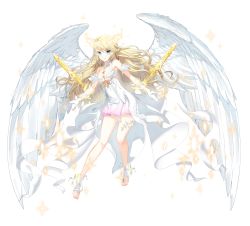 Rule 34 | 1girl, absurdres, angel, blonde hair, blue eyes, closers, colored skin, feet, full body, highres, long hair, navel, official art, seulbi lee, solo, toes, weapon, white background, white skin, white wings, wings